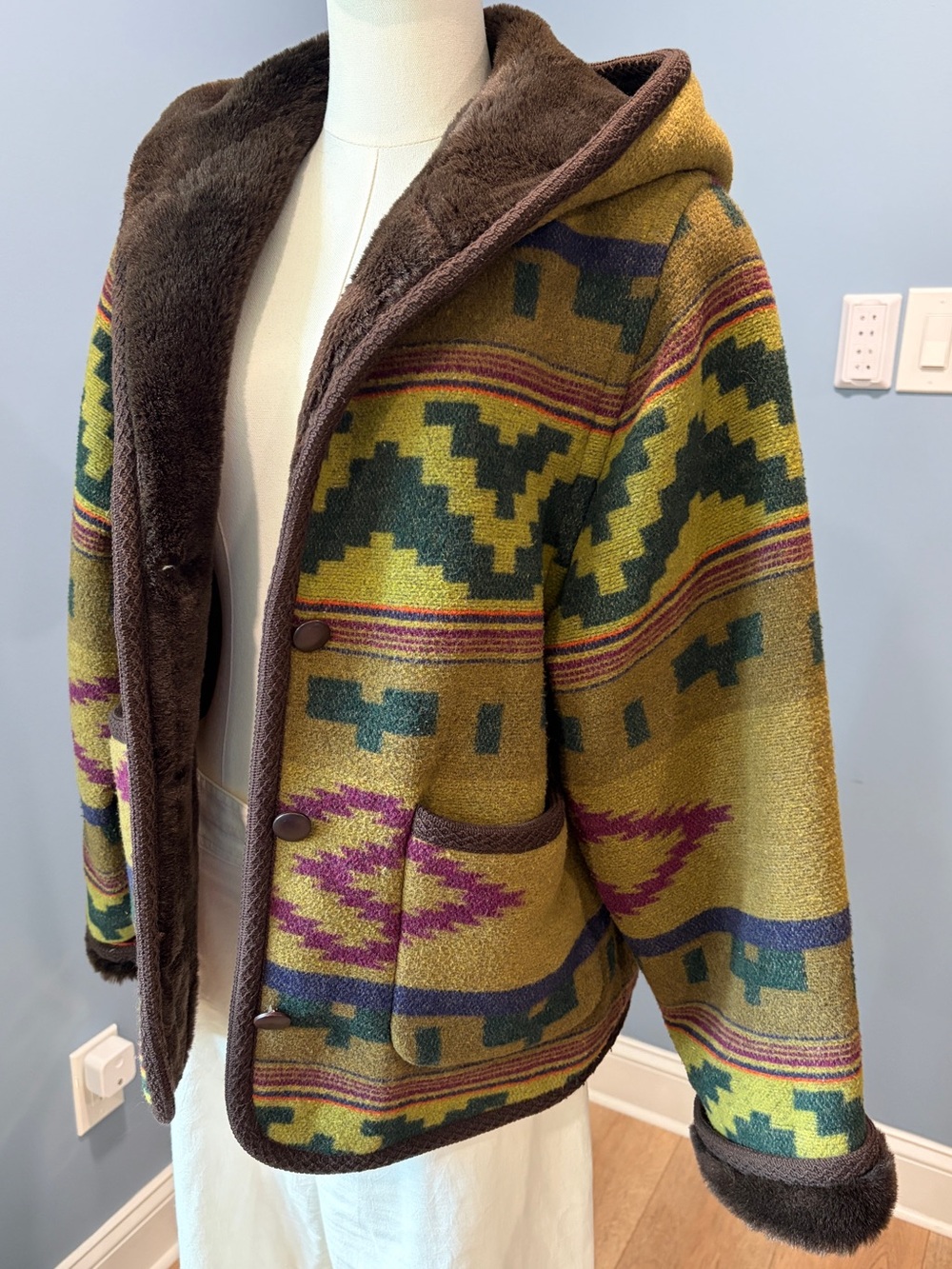 Vintage Olive Green Brown Aztec Hooded Jacket